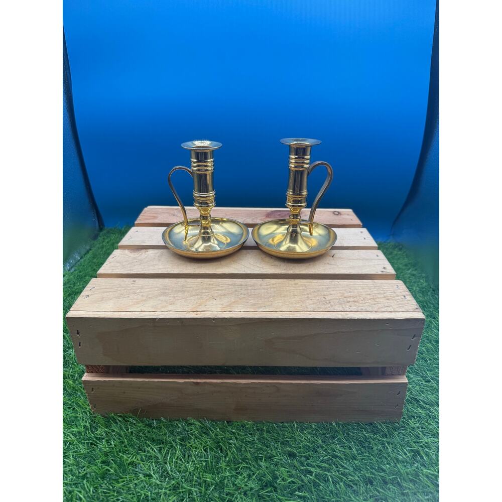 Vintage Solid Brass Chamberstick Candlesticks with Handles - Set of 2 Saucers